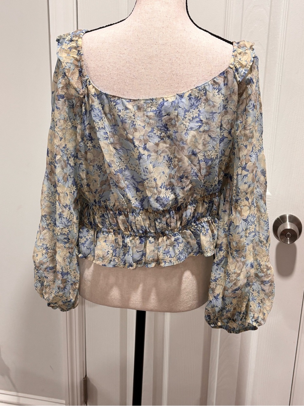 🔵⚪️Astr Sheer Floral Smocked Peasant Top in Blue and Cream - Picture 4 of 10